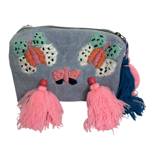 Raj LA Light Denim Blue Canvas Embroidered Tasseled Butterfly Cosmetic Bag NEW - Picture 7 of 7